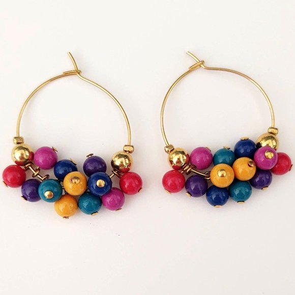 Jewelry - Gold hoops with multi color round dangle beads